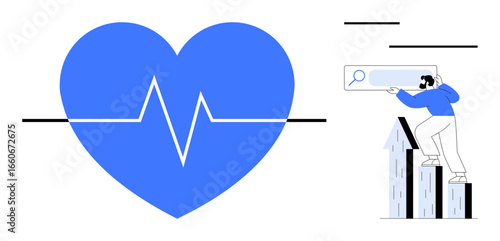 Blue heart with EKG line connected to a person climbing a bar graph, looking through search field. Ideal for wellness, analytics, health improvement, self-growth, progress, lifestyle balance, simple