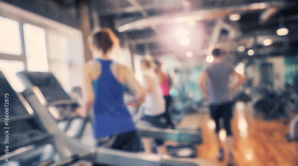 Fototapeta premium Fitness enthusiasts running on treadmills, blurred gym interior highlighting dynamic exercise routine and dedicated training toward personal wellness goals
