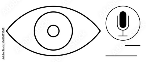 Minimalist eye outline with circular microphone in focus, emphasizing connection between sight and sound. Ideal for technology, accessibility, audio-visual apps, multimedia, innovation concepts