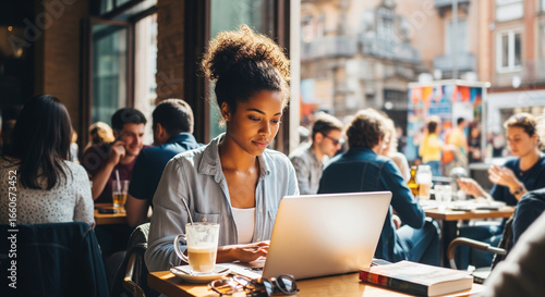 Woman working on a laptop in a busy cafe, remote work or freelance

