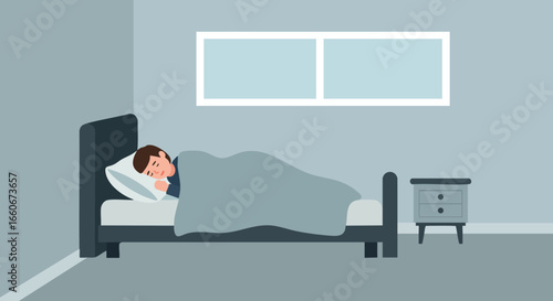 Man Sleeping in Modern Minimalist Bedroom with Gray Walls and Blue Blanket Vector Illustration 