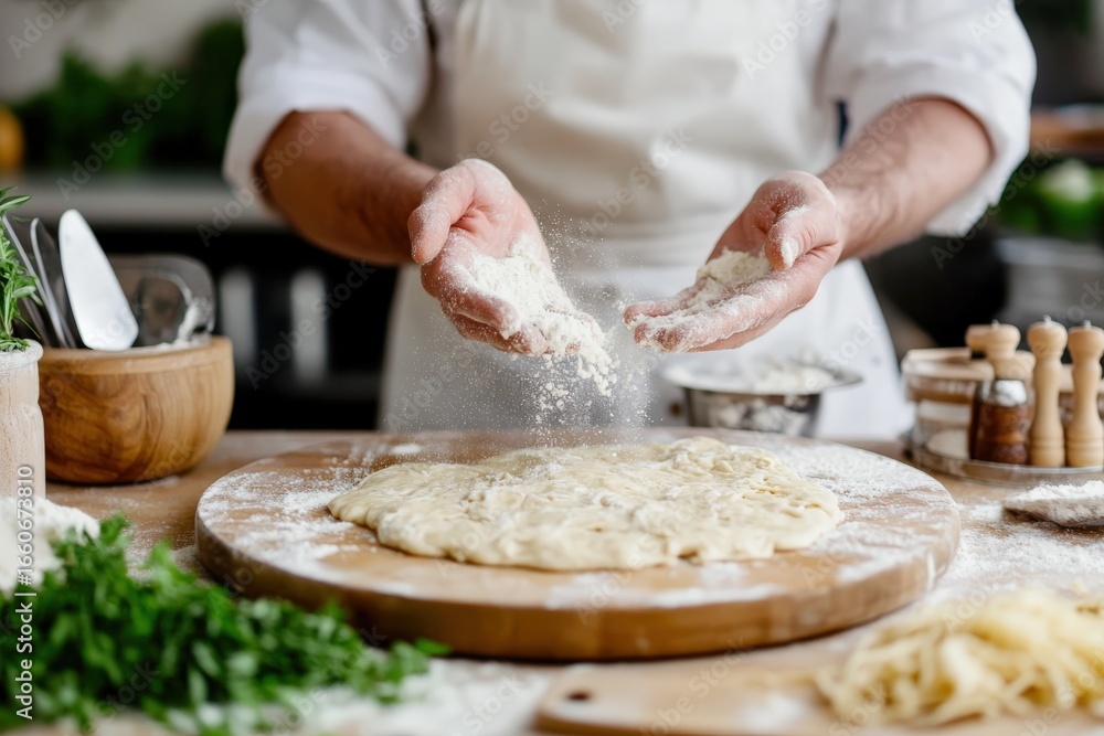 Fototapeta premium Chef sprinkling flour on fresh pasta dough in a restaurant kitchen
