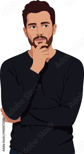 Man in black shirt thinking with hand on chin vector illustration thoughtful expression 
