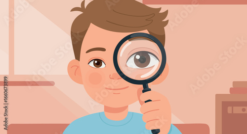 Boy holding magnifying glass close to eye indoor portrait vector illustration 