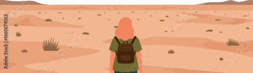 Person facing vast desert landscape with dry bushes and orange sand vector illustration 