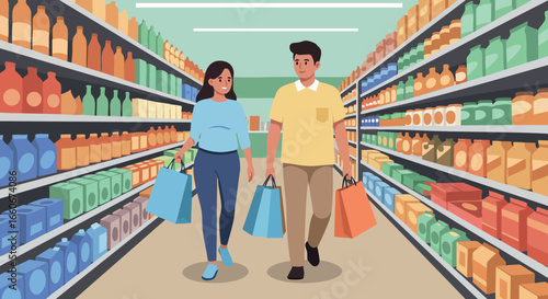Couple shopping in supermarket aisle with colorful products on shelves vector illustration 