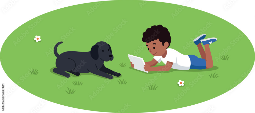 Fototapeta premium Boy reading book with black dog on green grass outdoors vector illustration 