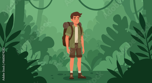 Young male hiker with backpack in green forest environment vector illustration 