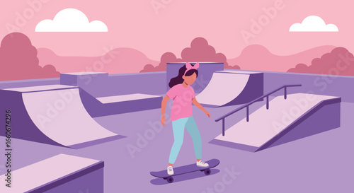 Skateboarder practicing in purple and pink skatepark during sunset vector illustration 