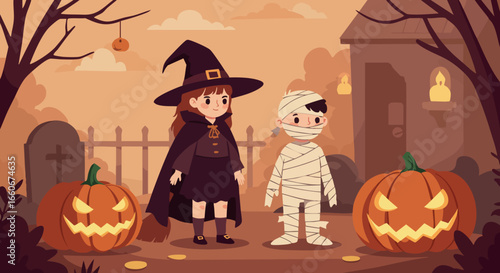 Children Halloween costumes witch and mummy with pumpkins autumn evening vector illustration 