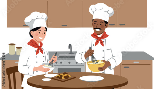 Two professional chefs cooking together in kitchen preparing food vector illustration 