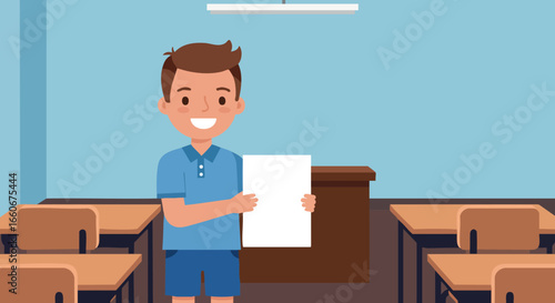 Boy holding paper in classroom with desks and blue walls vector illustration 