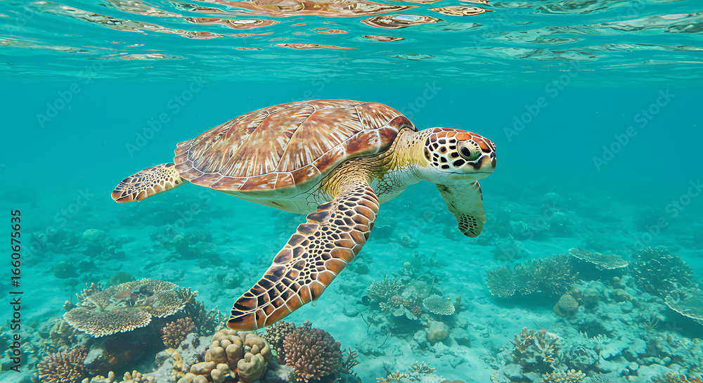 Fototapeta premium Sea Turtle Swimming Over Tropical Coral Reef