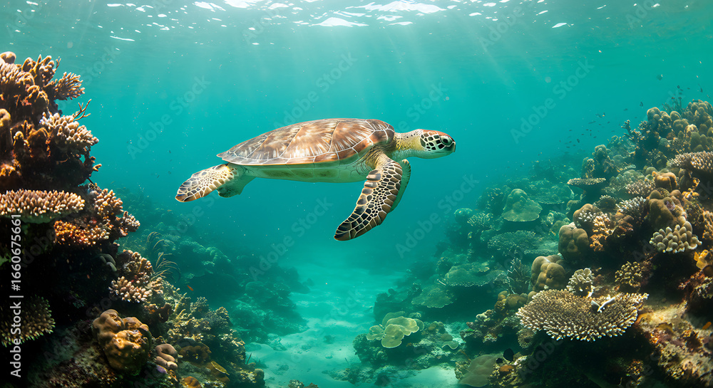 Fototapeta premium Sea Turtle Swimming Over Vibrant Coral Reef Ocean