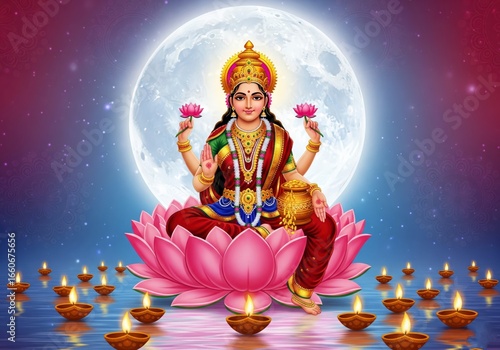 A beautiful depiction of Lakshmi Puja for the Diwali festival, with the goddess of wealth on a lotus, surrounded by light
