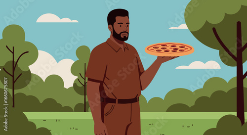 Man delivering pizza outdoors with trees and blue sky background vector illustration 