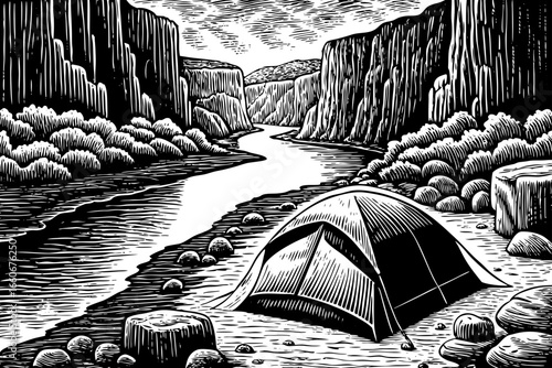 Tent in canyon valley with river flowing and desert rocks, black and white line art illustration