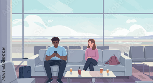 Diverse young people waiting in modern airport lounge with large window landscape 