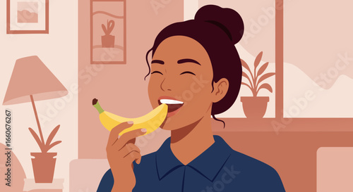 Woman Eating Banana in Cozy Home Interior with Plants and Lamp Vector Illustration 
