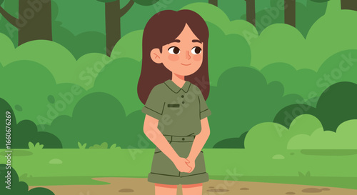 Girl wearing green safari outfit standing in forest background natural scene vector illustration 