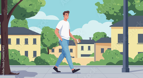 Man walking on urban sidewalk with trees and residential buildings vector illustration 