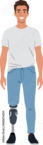 Man with prosthetic leg walking in casual clothes vector illustration 