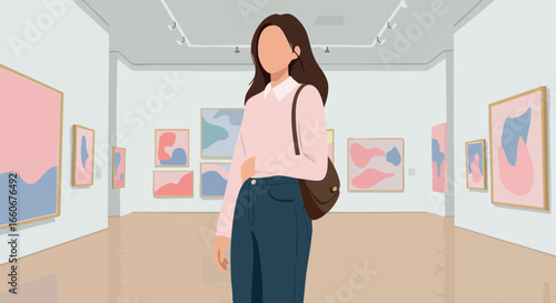 Young woman visiting modern art gallery interior with abstract paintings vector illustration 