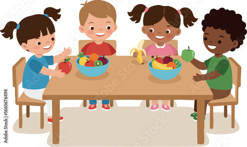 Children eating healthy fruit at table diverse kids enjoying snack time vector illustration 