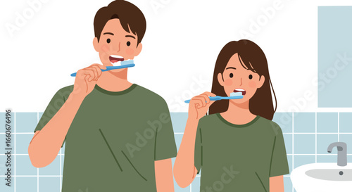 Couple brushing teeth together in bathroom daily hygiene routine illustration 