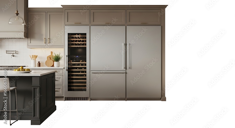 Fototapeta premium Modern Kitchen Appliances - Sleek, Gray Cabinets and Integrated Wine Cooler.