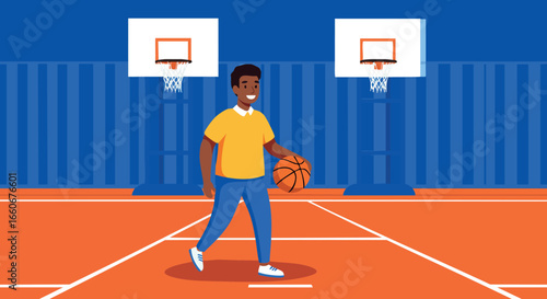 Basketball Player Dribbling Ball on Indoor Court with Blue and Orange Colors 