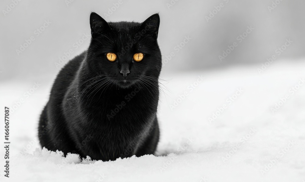 Fototapeta premium Black cat in snowy landscape