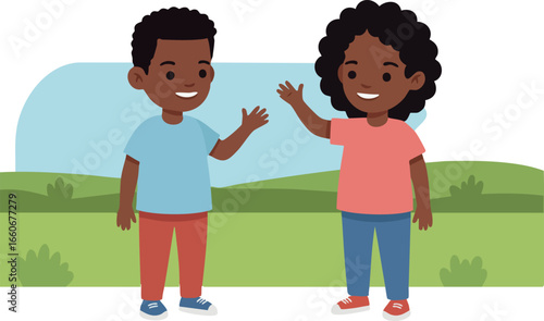 Two children greeting each other outdoors in casual clothing with friendly expressions vector illustration 