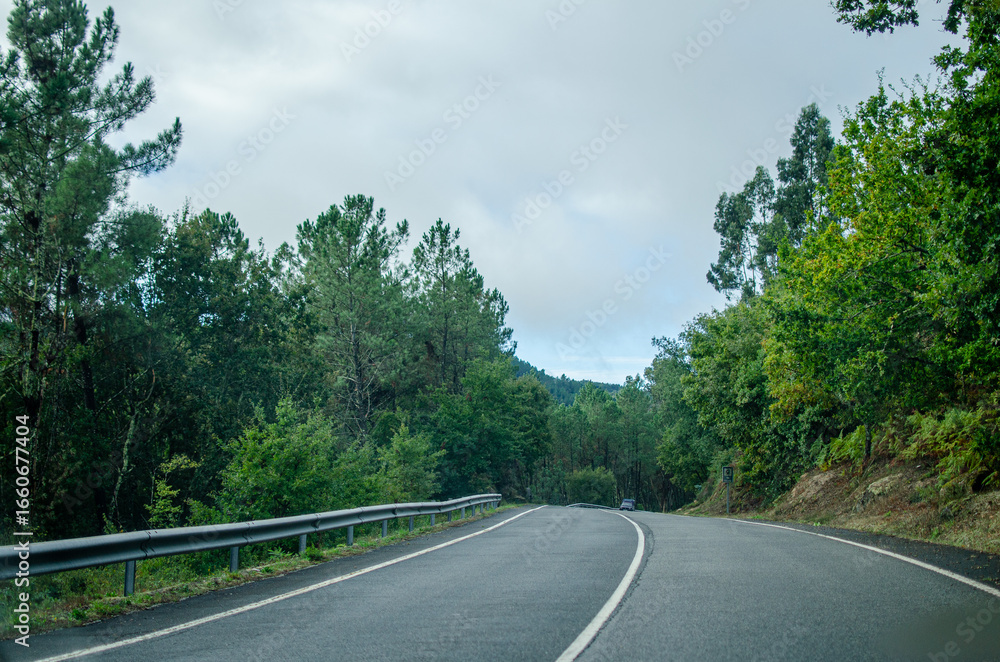 Fototapeta premium A Winding Mountain Road on a Cloudy Day. Concept A journey into the wilderness.