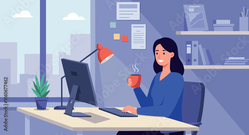 Woman working at computer desk with coffee cup in modern office interior 