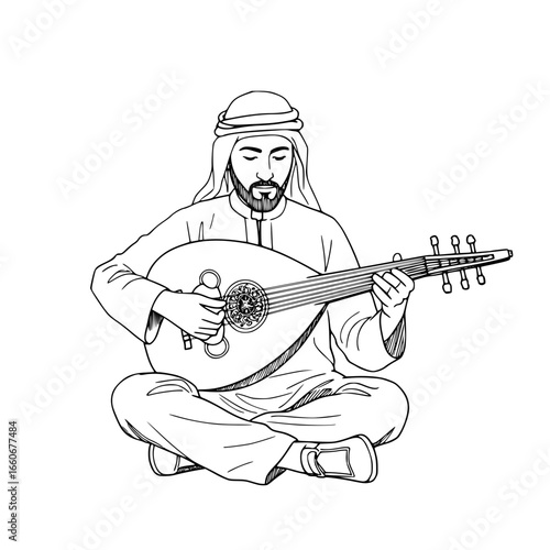 arabic musicians playing oud while sitting on floor in traditional attire  