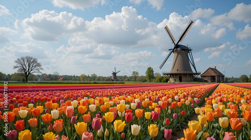 Beautiful colorful tulip field and traditional windmill in country side.