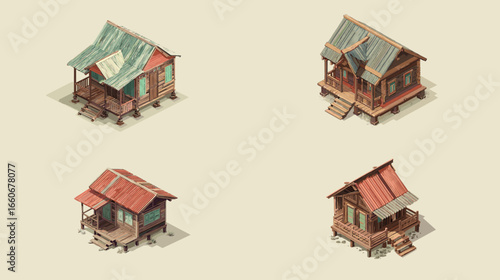 Isometric illustration of traditional wooden rural houses on stilts with tin roofs, perfect for village, architecture, heritage, or tourism design concepts inspired by tropical countryside life.