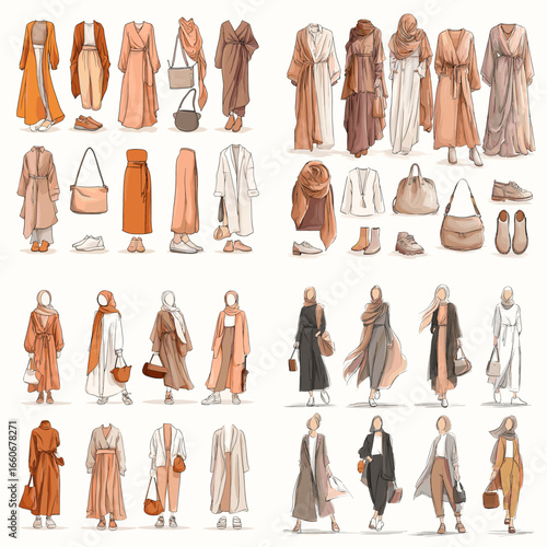 Fashion illustration of modest women’s outfits in neutral tones, featuring abayas, long coats, and scarves. Ideal for fashion lookbooks, branding, social media, or cultural style projects.