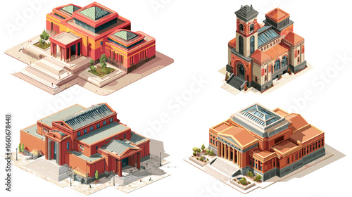 Isometric illustration of red brick institutional buildings inspired by libraries and museums, showcasing detailed architectural structures for city, history, or education projects.