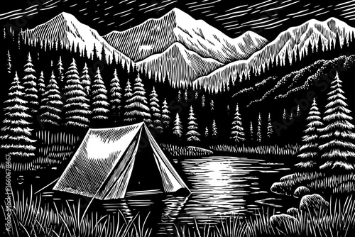 Alpine tent near crystal lake surrounded by pine forest and snowy mountains, black and white line art illustration