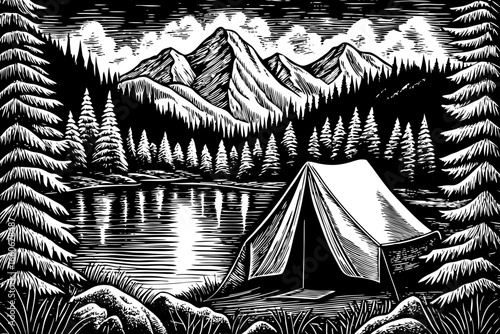 Alpine tent near crystal lake surrounded by pine forest and snowy mountains, black and white line art illustration