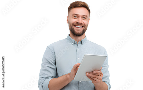 A happy young man holding an iPad and looking at it, in a transparent background PNG sticker format.