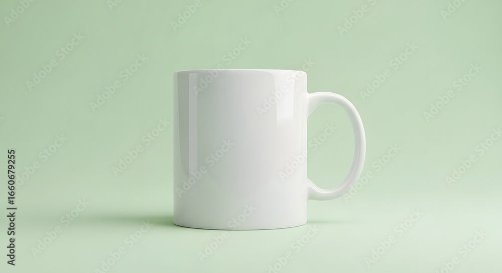 Fototapeta premium A plain white coffee mug sits against a pale green background.