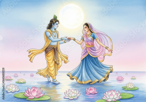 A beautiful illustration of the divine love between Hindu deities Radha and Krishna, dancing on lotus flowers under the full moon
