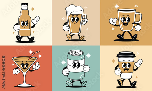 Retro cartoon beverages drink illustrations beer coffee soda cocktail funny stylized characters