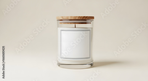 A clear glass candle jar with a blank white label and a wooden lid sits on a neutral beige background.