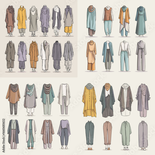 Hand-drawn illustration of modest fashion clothing including long dresses, scarves, and loose wear. Ideal for modern apparel, boutique, or styling design.