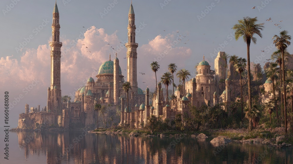 Fototapeta premium Fantasy city by calm water
