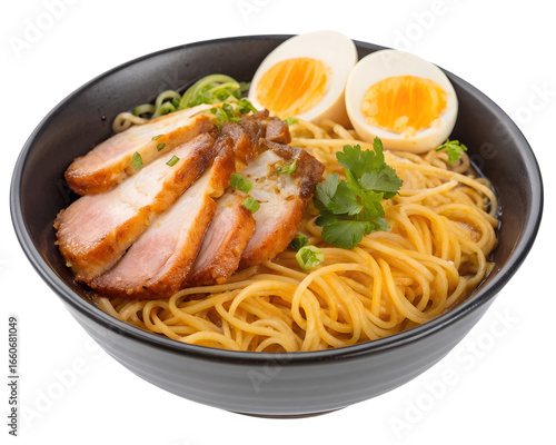 Egg noodles with roasted pork and boiled egg, transparent background